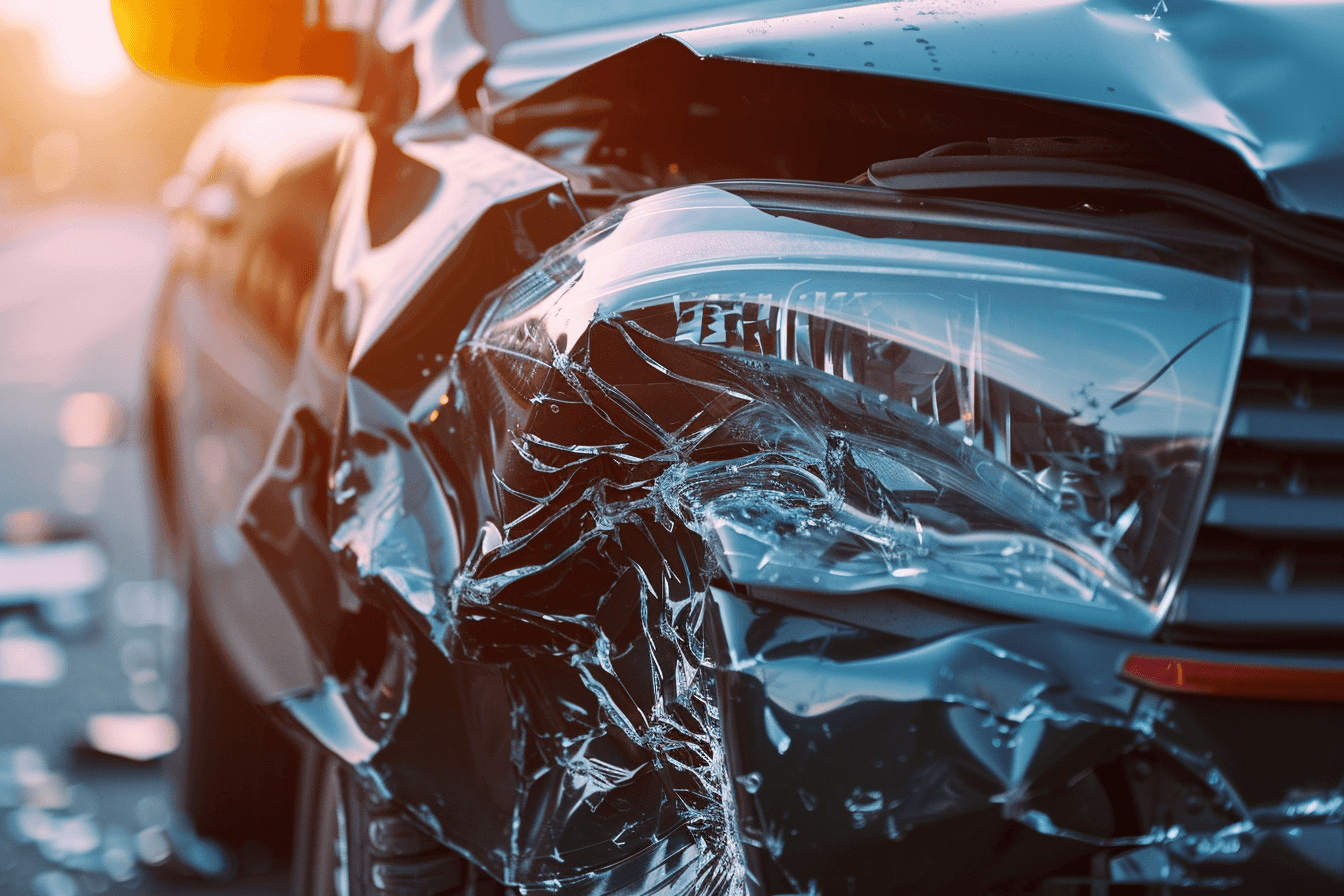 Front-end vehicle damage being assessed for repair vs. total loss during an auto appraisal.