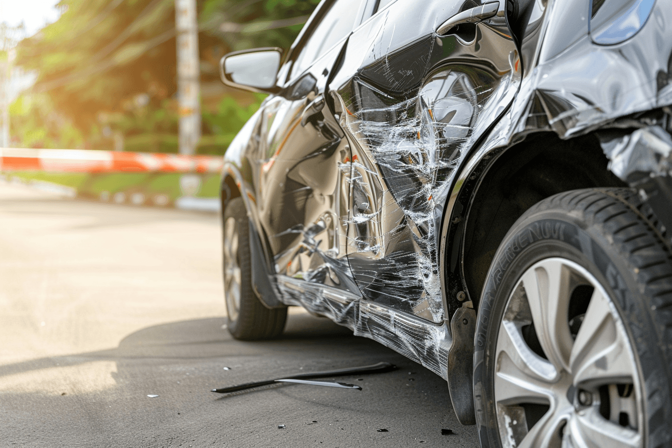 Side-impact collision damage on a vehicle used for insurance appraisal and claims evaluation.